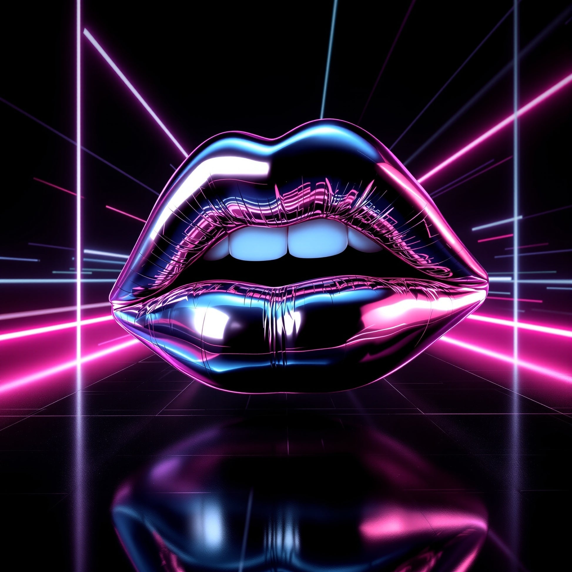 Neon pink and blue metallic lips with glowing light beams on a dark futuristic background.