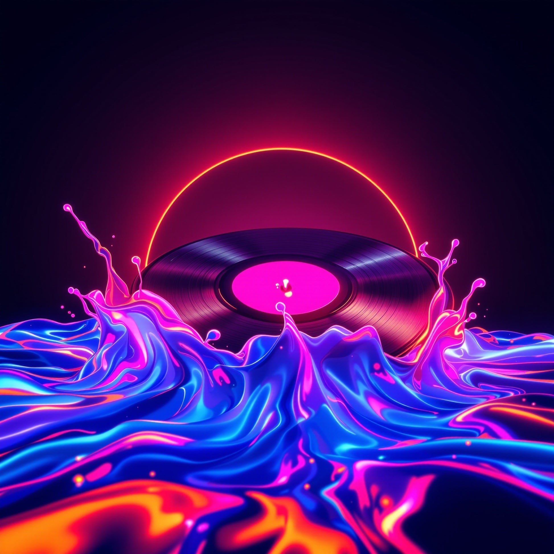 Futuristic neon vinyl record surrounded by flowing blue and pink liquid waves against a dark background, used as artwork for the Take It Easy male EDM vocal.
